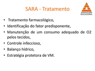 SARA - Tratamento
• Tratamento farmacológico,
• Identificação do fator predisponente,
• Manutenção de um consumo adequado de O2
pelos tecidos,
• Controle infeccioso,
• Balanço hídrico,
• Estratégia protetora de VM.
 