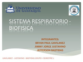 SISTEMA RESPIRATORIO -
BIOFISICA
INTEGRANTES:
BRYAN PAUL GAVILANEZ
JIMMY JORGE JUSTAVINO
JEFFERSON BASTIDAS
GAVILANEZ - JUSTAVINO - BASTIDAS GRUPO 1 SEMESTRE 2
 