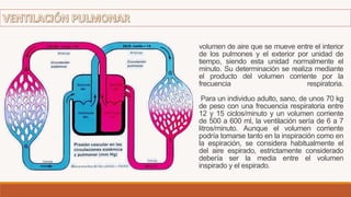volumen de aire que se mueve entre el interior
de los pulmones y el exterior por unidad de
tiempo, siendo esta unidad normalmente el
minuto. Su determinación se realiza mediante
el producto del volumen corriente por la
frecuencia respiratoria.
Para un individuo adulto, sano, de unos 70 kg
de peso con una frecuencia respiratoria entre
12 y 15 ciclos/minuto y un volumen corriente
de 500 a 600 ml, la ventilación sería de 6 a 7
litros/minuto. Aunque el volumen corriente
podría tomarse tanto en la inspiración como en
la espiración, se considera habitualmente el
del aire espirado, estrictamente considerado
debería ser la media entre el volumen
inspirado y el espirado.
 