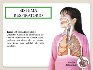 SISTEMA
RESPIRATORIO
Tema: El Sistema Respiratorio
Objetivo: Conocer la importancia del
sistema respiratorio en nuestro cuerpo
mediante una silueta del ser humano
para tener una calidad de vida
saludable.
 