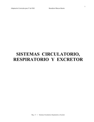 Adaptación Curricular para 3º de ESO Benedicto Marcos Benito
1
SISTEMAS CIRCULATORIO,
RESPIRATORIO Y EXCRETOR
Pág. nº 1 Sistemas Circulatorio, Respiratorio y Excretor
 