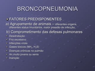 BRONCOPNEUMONIA FATORES PREDISPONENTES a) Agrupamento de animais –  diferentes origens, diferentes status imunitários, maior pressão de infecção; b) Comprometimento das defesas pulmonares Desidratação Frio excessivo Infecções virais Gases tóxicos (NH 3 , H 2 S) Doenças crônicas no pulmão An muito jovens ou senis Inanição 