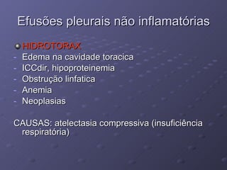 Efusões pleurais não inflamatórias HIDROTORAX  Edema na cavidade toracica ICCdir, hipoproteinemia Obstrução linfatica Anemia Neoplasias CAUSAS: atelectasia compressiva (insuficiência respiratória) 