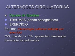 ALTERAÇÕES CIRCULATÓRIAS Causas de Epistaxe TRAUMAS (sonda nasogástrica) EXERCÍCIO  Equinos  (Hemorragia pulmonar induzida por exercício) 75%, mas de 1 a 10%  apresentam hemorragia Diminuição da perfomance 
