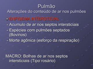Pulmão Alterações do conteúdo de ar nos pulmões ENFISEMA INTERSTICIAL - Acumulo de ar nos septos intersticiais - Espécies com pulmões septados (Bovinos) - Morte agônica (esforço da respiração)  MACRO: Bolhas de ar nos septos intersticiais (Tipo rosário) 