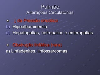 Pulmão Alterações Circulatórias ↓  da Pressão oncotica  Hipoalbuminemia Hepatopatias, nefropatias e enteropatias Obstrução linfática (rara) a) Linfadenites, linfossarcomas 
