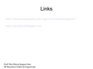 Links http://www.auladeanatomia.com/respiratorio/sistemarespiratorio.htm http://estudeavida.blogspot.com   Profª Msc Márcia Regina Faita EE Menodora Fialho de Fugueiredo 