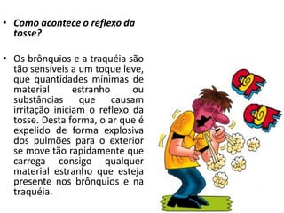 • Como acontece o reflexo da
  tosse?

• Os brônquios e a traquéia são
  tão sensíveis a um toque leve,
  que quantidades mínimas de
  material       estranho     ou
  substâncias que causam
  irritação iniciam o reflexo da
  tosse. Desta forma, o ar que é
  expelido de forma explosiva
  dos pulmões para o exterior
  se move tão rapidamente que
  carrega consigo qualquer
  material estranho que esteja
  presente nos brônquios e na
  traquéia.
 