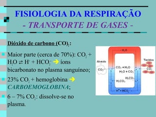 FISIOLOGIA DA RESPIRAÇÃO
         - TRANSPORTE DE GASES -
    Dióxido de carbono (CO)2 :
   Maior parte (cerca de 70%): CO2 +
    H2O  H+ + HCO3−  íons
    bicarbonato no plasma sanguíneo;
   23% CO2 + hemoglobina 
    CARBOEMOGLOBINA;
   6 – 7% CO2 : dissolve-se no
    plasma.
 