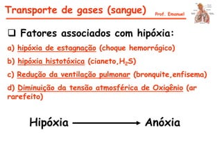  Fatores associados com hipóxia:
a) hipóxia de estagnação (choque hemorrágico)
b) hipóxia histotóxica (cianeto,H2S)
c) Redução da ventilação pulmonar (bronquite,enfisema)
d) Diminuição da tensão atmosférica de Oxigênio (ar
rarefeito)
Hipóxia Anóxia
Transporte de gases (sangue) Prof. Emanuel
 