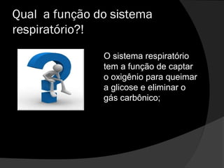Qual a função do sistema
respiratório?!
O sistema respiratório
tem a função de captar
o oxigênio para queimar
a glicose e eliminar o
gás carbônico;
 