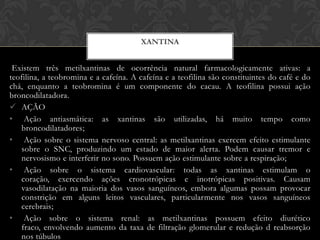 XANTINA

Existem três metilxantinas de ocorrência natural farmacologicamente ativas: a
teofilina, a teobromina e a cafeína. A cafeína e a teofilina são constituintes do café e do
chá, enquanto a teobromina é um componente do cacau. A teofilina possui ação
broncodilatadora.
 AÇÃO
• Ação antiasmática: as xantinas são utilizadas, há muito tempo como
broncodilatadores;
• Ação sobre o sistema nervoso central: as metilxantinas exercem efeito estimulante
sobre o SNC, produzindo um estado de maior alerta. Podem causar tremor e
nervosismo e interferir no sono. Possuem ação estimulante sobre a respiração;
• Ação sobre o sistema cardiovascular: todas as xantinas estimulam o
coração, exercendo ações cronotrópicas e inotrópicas positivas. Causam
vasodilatação na maioria dos vasos sanguíneos, embora algumas possam provocar
constrição em alguns leitos vasculares, particularmente nos vasos sanguíneos
cerebrais;
• Ação sobre o sistema renal: as metilxantinas possuem efeito diurético
fraco, envolvendo aumento da taxa de filtração glomerular e redução d reabsorção
nos túbulos

 