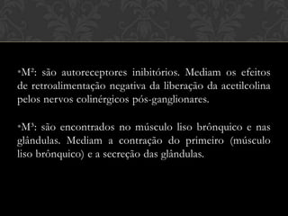 •M²: são autoreceptores inibitórios. Mediam os efeitos
de retroalimentação negativa da liberação da acetilcolina
pelos nervos colinérgicos pós-ganglionares.
•M³: são encontrados no músculo liso brônquico e nas
glândulas. Mediam a contração do primeiro (músculo
liso brônquico) e a secreção das glândulas.

 