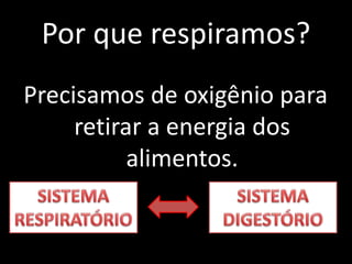 Por que respiramos? 
Precisamos de oxigênio para 
retirar a energia dos 
alimentos. 
 