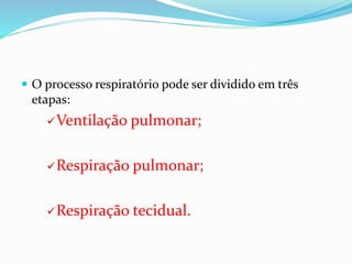  O processo respiratório pode ser dividido em três
etapas:
Ventilação pulmonar;
Respiração pulmonar;
Respiração tecidual.
 