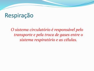 Respiração
O sistema circulatório é responsável pelo
transporte e pela troca de gases entre o
sistema respiratório e as células.
 