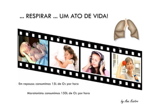 ... RESPIRAR ... UM ATO DE VIDA!
by Ana Kastro
Em repouso: consumimos 15L de O2 por hora
Maratonista: consumimos 150L de O2 por hora
 