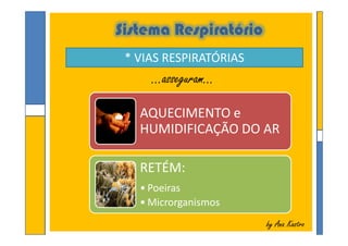 Sistema Respiratório
* VIAS RESPIRATÓRIAS
...asseguram...
AQUECIMENTO e
HUMIDIFICAÇÃO DO AR
by Ana Kastroby Ana Kastro
AQUECIMENTO e
HUMIDIFICAÇÃO DO AR
RETÉM:
• Poeiras
• Microrganismos
 
