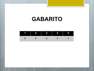 GABARITO
1 2 3 4 5
b b a d c
 