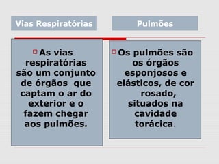  As vias
respiratórias
são um conjunto
de órgãos que
captam o ar do
exterior e o
fazem chegar
aos pulmões.
 Os pulmões são
os órgãos
esponjosos e
elásticos, de cor
rosado,
situados na
cavidade
torácica.
Vias Respiratórias Pulmões
 