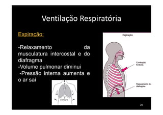 Ventilação Respiratória
26
Expiração:
-Relaxamento da
musculatura intercostal e do
diafragma
-Volume pulmonar diminui
-Pressão interna aumenta e
o ar saí
 