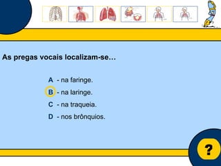 Núcleo de estágio de Biologia/Geologia ? As pregas vocais localizam-se… A   - na faringe. B   - na laringe. C   - na traqueia. D   - nos brônquios. 