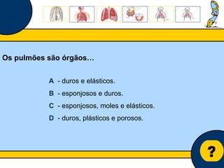 Núcleo de estágio de Biologia/Geologia ? Os pulmões são órgãos… A   - duros e elásticos. B   - esponjosos e duros. C   - esponjosos, moles e elásticos. D   - duros, plásticos e porosos. 