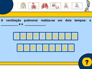 Núcleo de estágio de Biologia/Geologia ? A ventilação pulmonar realiza-se em dois tempos: a __________ e a  ____________.  I N S P I R A Ç Ã O E X P I R A Ç Ã O 