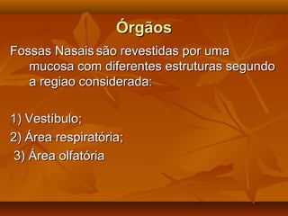 ÓrgãosÓrgãos
Fossas NasaisFossas Nasais são revestidas por umasão revestidas por uma
mucosa com diferentes estruturas segundomucosa com diferentes estruturas segundo
a regiao considerada:a regiao considerada:
1) Vestíbulo;1) Vestíbulo;
2) Área respiratória;2) Área respiratória;
3) Área olfatória3) Área olfatória
 
