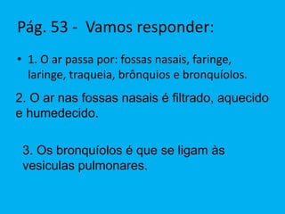 Pág. 53 - Vamos responder:
• 1. O ar passa por: fossas nasais, faringe,
laringe, traqueia, brônquios e bronquíolos.
2. O ar nas fossas nasais é filtrado, aquecido
e humedecido.
3. Os bronquíolos é que se ligam às
vesiculas pulmonares.
 