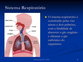  O sistema respiratório é
constituído pelas vias
aéreas e dois pulmões,
com a finalidade de
absorver o gás oxigênio
e eliminar o gás
carbônico do
organismo.
Ciências Naturais - ICRM 2
 