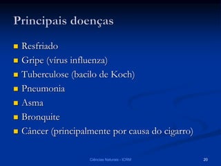  Resfriado
 Gripe (vírus influenza)
 Tuberculose (bacilo de Koch)
 Pneumonia
 Asma
 Bronquite
 Câncer (principalmente por causa do cigarro)
Ciências Naturais - ICRM 20
 