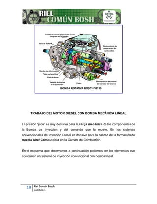 10 Riel Común Bosch
Capítulo 1
TRABAJO DEL MOTOR DIESEL CON BOMBA MECÁNICA LINEAL
La presión “pico” es muy decisiva para la carga mecánica de los componentes de
la Bomba de Inyección y del comando que la mueve. En los sistemas
convencionales de Inyección Diesel es decisivo para la calidad de la formación de
mezcla Aire/ Combustible en la Cámara de Combustión.
En el esquema que observamos a continuación podemos ver los elementos que
conforman un sistema de inyección convencional con bomba lineal.
 