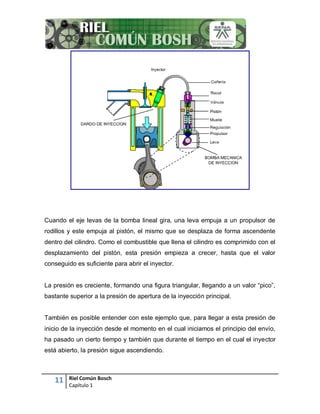 11 Riel Común Bosch
Capítulo 1
Cuando el eje levas de la bomba lineal gira, una leva empuja a un propulsor de
rodillos y este empuja al pistón, el mismo que se desplaza de forma ascendente
dentro del cilindro. Como el combustible que llena el cilindro es comprimido con el
desplazamiento del pistón, esta presión empieza a crecer, hasta que el valor
conseguido es suficiente para abrir el inyector.
La presión es creciente, formando una figura triangular, llegando a un valor “pico”,
bastante superior a la presión de apertura de la inyección principal.
También es posible entender con este ejemplo que, para llegar a esta presión de
inicio de la inyección desde el momento en el cual iniciamos el principio del envío,
ha pasado un cierto tiempo y también que durante el tiempo en el cual el inyector
está abierto, la presión sigue ascendiendo.
 