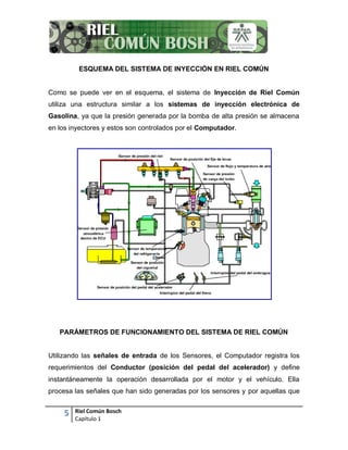 5 Riel Común Bosch
Capítulo 1
ESQUEMA DEL SISTEMA DE INYECCIÓN EN RIEL COMÚN
Como se puede ver en el esquema, el sistema de Inyección de Riel Común
utiliza una estructura similar a los sistemas de inyección electrónica de
Gasolina, ya que la presión generada por la bomba de alta presión se almacena
en los inyectores y estos son controlados por el Computador.
PARÁMETROS DE FUNCIONAMIENTO DEL SISTEMA DE RIEL COMÚN
Utilizando las señales de entrada de los Sensores, el Computador registra los
requerimientos del Conductor (posición del pedal del acelerador) y define
instantáneamente la operación desarrollada por el motor y el vehículo. Ella
procesa las señales que han sido generadas por los sensores y por aquellas que
 