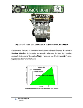 8 Riel Común Bosch
Capítulo 1
CARACTERÍSTICAS DE LA INYECCIÓN CONVENCIONAL MECÁNICA
Con sistemas de Inyección Diesel convencionales, utilizando Bombas Rotativas o
Bombas Lineales, la inyección comprende solamente la fase de inyección
principal, sin tener una “inyección Piloto” y tampoco una “Post-inyección”, como
lo podemos observar en la Figura.
 