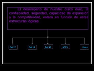 El desempeño de nuestro disco duro, la confiabilidad, seguridad, capacidad de expansión y la compatibilidad, estará en función de estas estructuras lógicas. Fat 12 Fat 16 Fat 32 NTFS Linux 