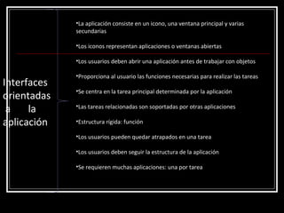Interfaces orientadas a  la aplicación La aplicación consiste en un icono, una ventana principal y varias secundarias Los iconos representan aplicaciones o ventanas abiertas Los usuarios deben abrir una aplicación antes de trabajar con objetos Proporciona al usuario las funciones necesarias para realizar las tareas Se centra en la tarea principal determinada por la aplicación Las tareas relacionadas son soportadas por otras aplicaciones Estructura rígida: función Los usuarios pueden quedar atrapados en una tarea Los usuarios deben seguir la estructura de la aplicación Se requieren muchas aplicaciones: una por tarea 