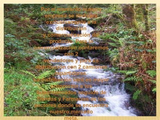 Por el momento nuestra empresa se dedicará exclusivamente a la distribucióny comercialización del producto. Para la comercialización contaremos con 2vendedores y para su distribución con 2 camiones repartidores.La distribución será en mayor proporción a los Supermercados seguido deTiendas y Farmacias de los sectores donde se encuentra nuestro mercadometa.