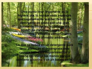 Otro punto muy importante es la higiene por lo regular esas esponjas que regularmente quedan dentro del detergente en pasta son una gran fuente de bacterias, el detergente liquido no contiene cargas como carbonatos y silicatos siendo menos contaminante al medio ambiente, Lo que se busca en un detergente para lavar platos en el desengrase este cumple todos los requerimientos y aparte no reseca las manos porque contiene glicerina y un ph balanceado.