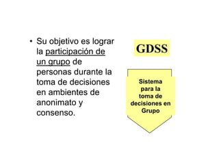• Su objetivo es lograr
  la participación de      GDSS
  un grupo de
  personas durante la
  toma de decisiones        Sistema
                             para la
  en ambientes de           toma de
  anonimato y             decisiones en
  consenso.                  Grupo
 