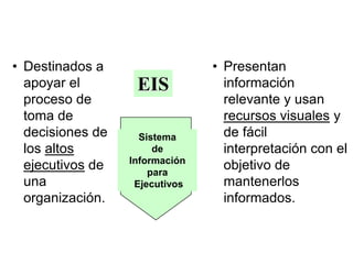 • Destinados a                  • Presentan
  apoyar el        EIS            información
  proceso de                      relevante y usan
  toma de                         recursos visuales y
  decisiones de     Sistema       de fácil
  los altos            de         interpretación con el
                  Información
  ejecutivos de       para
                                  objetivo de
  una              Ejecutivos     mantenerlos
  organización.                   informados.
 
