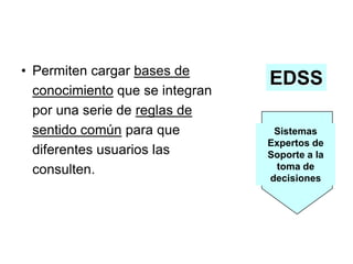 • Permiten cargar bases de
                                 EDSS
  conocimiento que se integran
  por una serie de reglas de
  sentido común para que          Sistemas
                                 Expertos de
  diferentes usuarios las        Soporte a la
  consulten.                      toma de
                                 decisiones
 