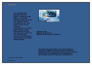 TALLER SISTEMAS




         Un sistema
         operativo
         está formado
         por varios
         programas que
         en conjunto
         presentan al
         usuario una
         vista
         integrada del
         sistema, los
         componentes        -Manejo de E/S.
         principales de     -Manejo de Memoria.
         un sistema         -Manejo del Sistema de Archivos.
         operativo son
         los siguientes
         módulos:




                              El sistema operativo indica a la computadora la
                              manera de utilizar otros programas de software y
                              administra todo el hardware, tanto el interno como el
                              externo, que está instalado en la computadora.
                              Los sistemas operativos pueden ser basados en

ANGIE PAOLA LEON VILLABON

HOTELERIA 1C
 