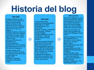 Historia del blog
                                                                    2007-presente
          1994-2000
                                                              Hoy día el blogging es uno
El blog moderno es una                   2000-2006            de los servicios de Internet
evolución de los diarios en                                   más populares. Es común
                               Los primeros blogs
línea, donde la gente                                         que incluso cantantes y
                               estadounidenses populares
escribía sobre su vida                                        actores famosos tengan
                               aparecieron en 2001:
personal, como si fuese un                                    blogs, así como también
                               AndrewSullivan.com
diario íntimo pero dándole                                    empresas internacionales.
                               de Andrew
difusión en la red. Las
                               Sullivan, Politics1.comde Ro   Entre los servidores de
páginas
                               n Gunzburger, Political        blogs más populares se
abiertas Webring incluían a
                               Wirede Taegan                  encuentran Bloggery Word
miembros de la comunidad
                               GoddardyMyDDde Jerome          press.
de diarios en línea. Justin
                               Armstrong— tratando
Hall, quien escribió desde                                    Algunos blogueros se han
                               principalmente temas
1994 su blog                                                  ido trasladando a la
                               políticos.
personal, mientras era                                        televisión y a los medios
estudiante de                  En idioma español también      de prensa: Duncan
la Universidad de              aparecieron los primeros       Black, Glenn
Swarthmore, es reconocido      blogs en esa época, los        Reynolds(Instapundit), Mar
generalmente como uno de       más destacados fueron en       kos Moulitsas
los primeros blogueros.        el año 2000 el blog llamado    Zúniga (Daily Kos), Alex
                               Terremoto.net y en el año      Steffen(Worldchanging), A
También había otras
                               2001 aparecieron Claudia-      na Marie
formas de diarios en línea.
                               P.com, donde una               Cox(Wonkette), Nate
Un ejemplo era el diario del
                               adolescente de Madrid          Silver(FiveThirtyEight.com)
programador de
                               explicaba su peculiar vida     , y Ezra Klein (que se
juegos John
                               personal y El hombre que       integró primeramente al
Carmack, publicado
                               comía diccionarios.            blog American
mediante el protocolo
Finger.                                                       Prospect, después a The
                                                              Washington Post).
 