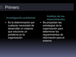 Primero
Investigación preliminar
Análisis de los
requerimientos
 Es la determinación por
cualquier necesidad de
desarrollar un sistema
que solucione un
problema en la
organización
 Se proyectan las
estrategias de la
organización para
determinar los
requerimientos de
información para el
sistema
 