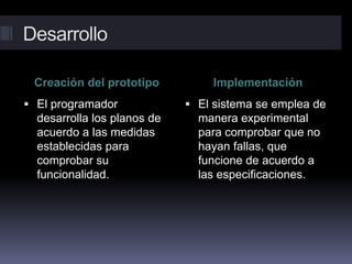 Desarrollo
Creación del prototipo Implementación
 El programador
desarrolla los planos de
acuerdo a las medidas
establecidas para
comprobar su
funcionalidad.
 El sistema se emplea de
manera experimental
para comprobar que no
hayan fallas, que
funcione de acuerdo a
las especificaciones.
 