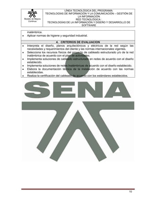 Modelo de Mejora
Continua
LÍNEA TECNOLÓGICA DEL PROGRAMA:
TECNOLOGÍAS DE INFORMACIÓN Y LA COMUNICACIÓN – GESTIÓN DE
LA INFORMACIÓN
RED TECNOLÓGICA :
TECNOLOGÍAS DE LA INFORMACIÓN Y DISEÑO Y DESARROLLO DE
SOFTWARE
10
inalámbrica.
Aplicar normas de higiene y seguridad industrial.
4. CRITERIOS DE EVALUACION
Interpreta el diseño, planos arquitectónicos y eléctricos de la red según las
necesidades y requerimientos del cliente y las normas internacionales vigentes.
Selecciona los recursos físicos del proyecto de cableado estructurado y/o de la red
inalámbrica de acuerdo con el plan de actividades.
Implementa soluciones de cableado estructurado en redes de acuerdo con el diseño
establecido.
Implementa soluciones de redes Inalámbricas de acuerdo con el diseño establecido.
Elabora la documentación técnica de la instalación de acuerdo con las normas
establecidas.
Realiza la certificación del cableado de acuerdo con los estándares establecidos.
 