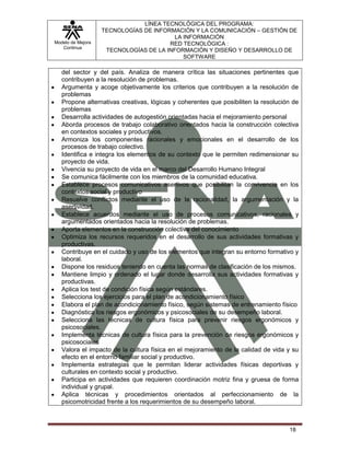 Modelo de Mejora
Continua
LÍNEA TECNOLÓGICA DEL PROGRAMA:
TECNOLOGÍAS DE INFORMACIÓN Y LA COMUNICACIÓN – GESTIÓN DE
LA INFORMACIÓN
RED TECNOLÓGICA :
TECNOLOGÍAS DE LA INFORMACIÓN Y DISEÑO Y DESARROLLO DE
SOFTWARE
18
del sector y del país. Analiza de manera crítica las situaciones pertinentes que
contribuyen a la resolución de problemas.
Argumenta y acoge objetivamente los criterios que contribuyen a la resolución de
problemas
Propone alternativas creativas, lógicas y coherentes que posibiliten la resolución de
problemas
Desarrolla actividades de autogestión orientadas hacia el mejoramiento personal
Aborda procesos de trabajo colaborativo orientados hacia la construcción colectiva
en contextos sociales y productivos.
Armoniza los componentes racionales y emocionales en el desarrollo de los
procesos de trabajo colectivo.
Identifica e integra los elementos de su contexto que le permiten redimensionar su
proyecto de vida.
Vivencia su proyecto de vida en el marco del Desarrollo Humano Integral
Se comunica fácilmente con los miembros de la comunidad educativa.
Establece procesos comunicativos asertivos que posibilitan la convivencia en los
contextos social y productivo
Resuelve conflictos mediante el uso de la racionalidad, la argumentación y la
asertividad.
Establece acuerdos mediante el uso de procesos comunicativos, racionales y
argumentados orientados hacia la resolución de problemas.
Aporta elementos en la construcción colectiva del conocimiento
Optimiza los recursos requeridos en el desarrollo de sus actividades formativas y
productivas.
Contribuye en el cuidado y uso de los elementos que integran su entorno formativo y
laboral.
Dispone los residuos teniendo en cuenta las normas de clasificación de los mismos.
Mantiene limpio y ordenado el lugar donde desarrolla sus actividades formativas y
productivas.
Aplica los test de condición física según estándares.
Selecciona los ejercicios para el plan de acondicionamiento físico
Elabora el plan de acondicionamiento físico, según sistemas de entrenamiento físico
Diagnóstica los riesgos ergonómicos y psicosociales de su desempeño laboral.
Selecciona las técnicas de cultura física para prevenir riesgos ergonómicos y
psicosociales.
Implementa técnicas de cultura física para la prevención de riesgos ergonómicos y
psicosociales
Valora el impacto de la cultura física en el mejoramiento de la calidad de vida y su
efecto en el entorno familiar social y productivo.
Implementa estrategias que le permitan liderar actividades físicas deportivas y
culturales en contexto social y productivo.
Participa en actividades que requieren coordinación motriz fina y gruesa de forma
individual y grupal.
Aplica técnicas y procedimientos orientados al perfeccionamiento de la
psicomotricidad frente a los requerimientos de su desempeño laboral.
 