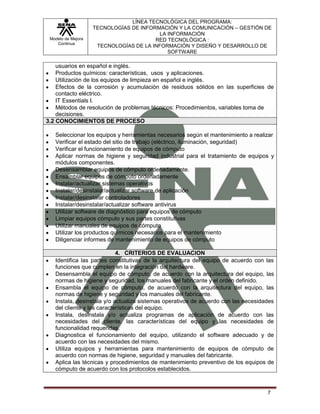 Modelo de Mejora
Continua
LÍNEA TECNOLÓGICA DEL PROGRAMA:
TECNOLOGÍAS DE INFORMACIÓN Y LA COMUNICACIÓN – GESTIÓN DE
LA INFORMACIÓN
RED TECNOLÓGICA :
TECNOLOGÍAS DE LA INFORMACIÓN Y DISEÑO Y DESARROLLO DE
SOFTWARE
7
usuarios en español e inglés.
Productos químicos: características, usos y aplicaciones.
Utilización de los equipos de limpieza en español e inglés.
Efectos de la corrosión y acumulación de residuos sólidos en las superficies de
contacto eléctrico.
IT Essentials I.
Métodos de resolución de problemas técnicos: Procedimientos, variables toma de
decisiones.
3.2 CONOCIMIENTOS DE PROCESO
Seleccionar los equipos y herramientas necesarios según el mantenimiento a realizar
Verificar el estado del sitio de trabajo (eléctrico, iluminación, seguridad)
Verificar el funcionamiento de equipos de cómputo
Aplicar normas de higiene y seguridad industrial para el tratamiento de equipos y
módulos componentes.
Desensamblar equipos de cómputo ordenadamente.
Ensamblar equipos de cómputo ordenadamente
Instalar/actualizar sistemas operativos
Instalar/desinstalar/actualizar software de aplicación
Instalar/desinstalar controladores
Instalar/desinstalar/actualizar software antivirus
Utilizar software de diagnóstico para equipos de cómputo
Limpiar equipos cómputo y sus partes constitutivas
Utilizar manuales de equipos de cómputo
Utilizar los productos químicos necesarios para el mantenimiento
Diligenciar informes de mantenimiento de equipos de cómputo
4. CRITERIOS DE EVALUACION
Identifica las partes constitutivas de la arquitectura del equipo de acuerdo con las
funciones que cumplen en la integración del hardware.
Desensambla el equipo de cómputo, de acuerdo con la arquitectura del equipo, las
normas de higiene y seguridad, los manuales del fabricante y el orden definido.
Ensambla el equipo de cómputo, de acuerdo con la arquitectura del equipo, las
normas de higiene y seguridad y los manuales del fabricante.
Instala, desinstala y/o actualiza sistemas operativos de acuerdo con las necesidades
del cliente y las características del equipo.
Instala, desinstala y/o actualiza programas de aplicación de acuerdo con las
necesidades del cliente, las características del equipo y las necesidades de
funcionalidad requeridas.
Diagnostica el funcionamiento del equipo, utilizando el software adecuado y de
acuerdo con las necesidades del mismo.
Utiliza equipos y herramientas para mantenimiento de equipos de cómputo de
acuerdo con normas de higiene, seguridad y manuales del fabricante.
Aplica las técnicas y procedimientos de mantenimiento preventivo de los equipos de
cómputo de acuerdo con los protocolos establecidos.
 